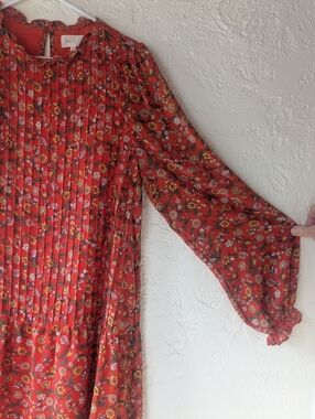 Red Floral Midi Dress Large Prarie Pleated. Boho Long Sleeve